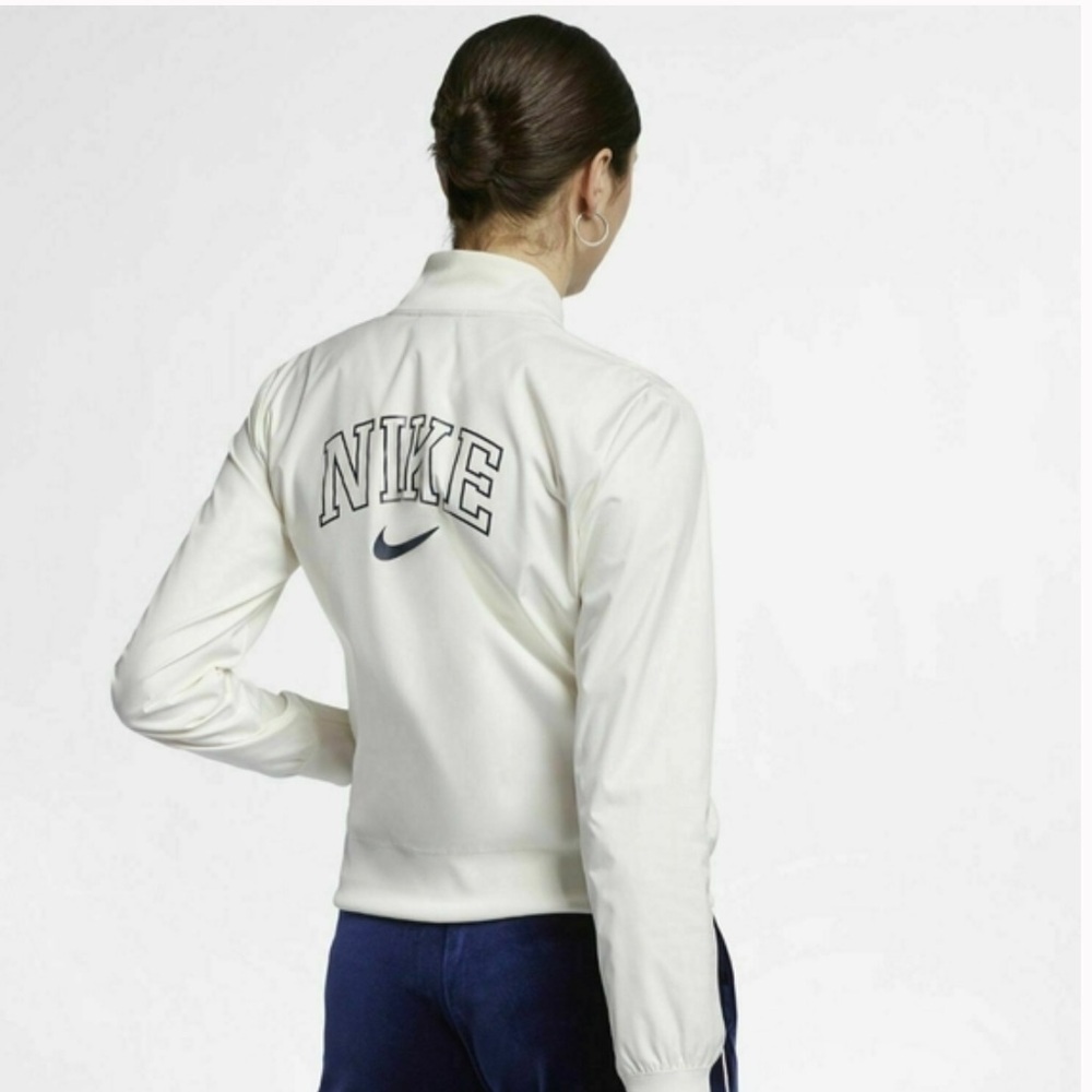 Nike | Women's Cream Snap-Front Varsity Style Jacket side pockets black logos S